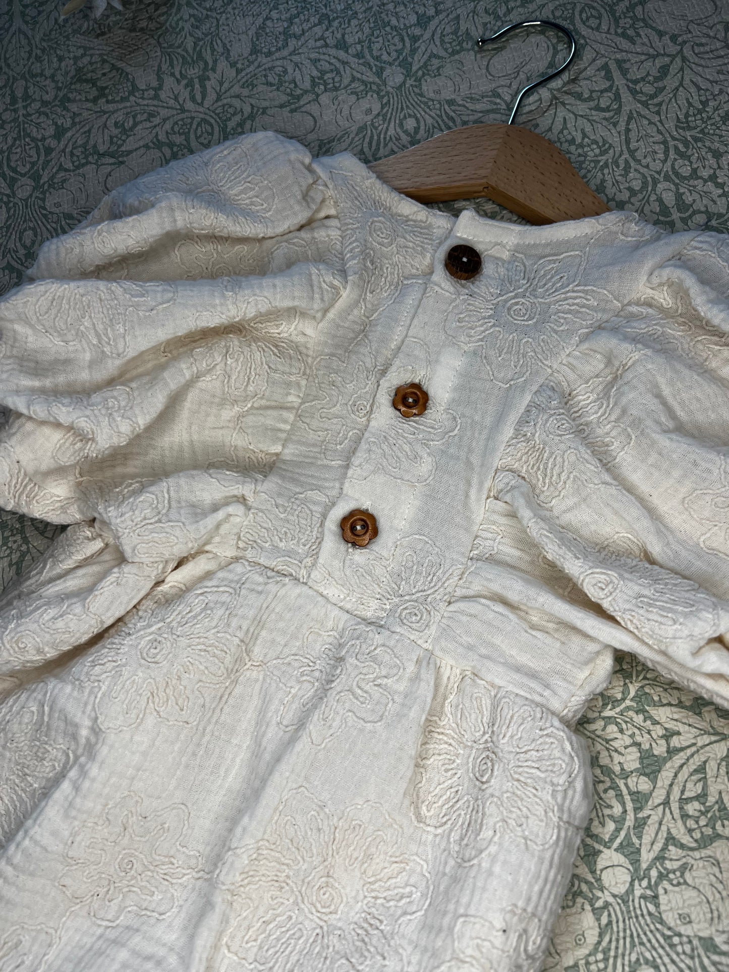 The Larkspur Romper, in natural embroidered double gauze|Bubble Romper with Puffy sleeves