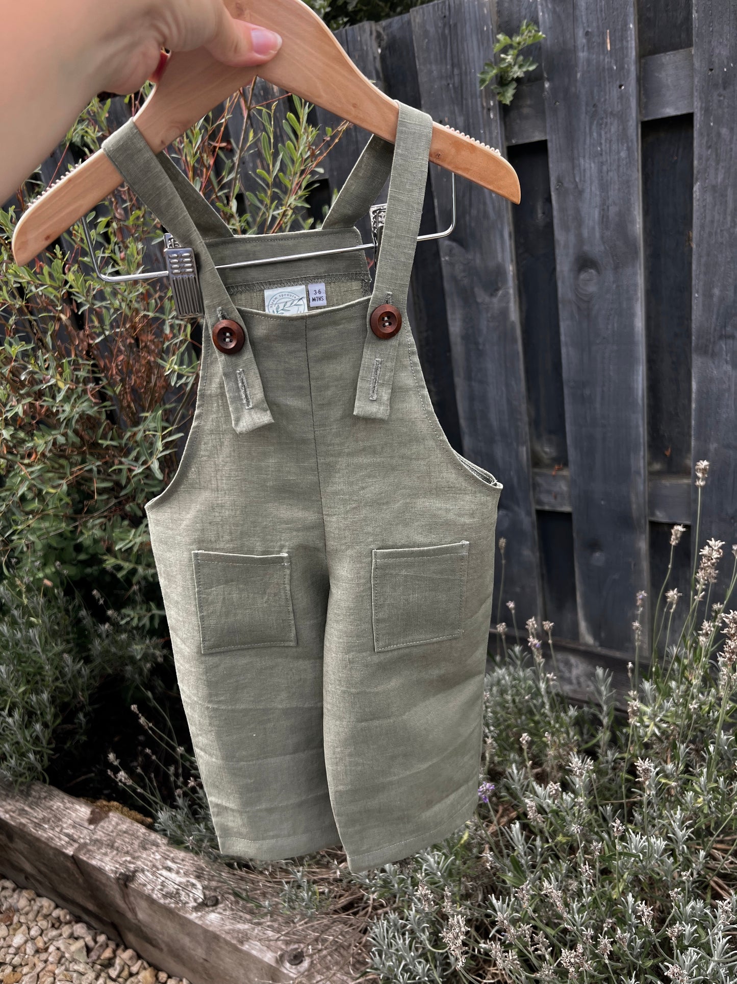Children’s handmade linen dungarees|overalls. Olive green soft linen