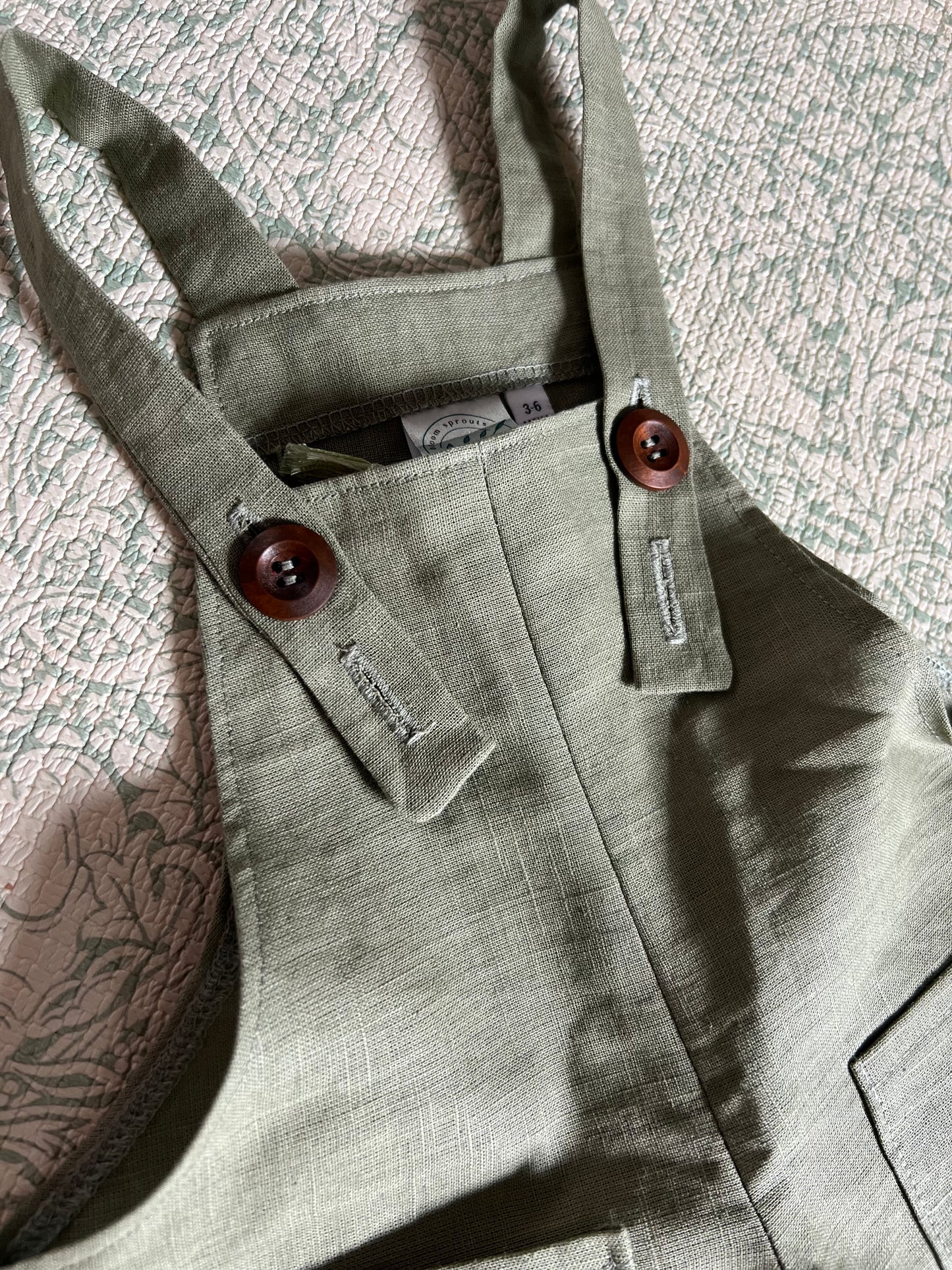 Children’s handmade linen dungarees|overalls. Olive green soft linen