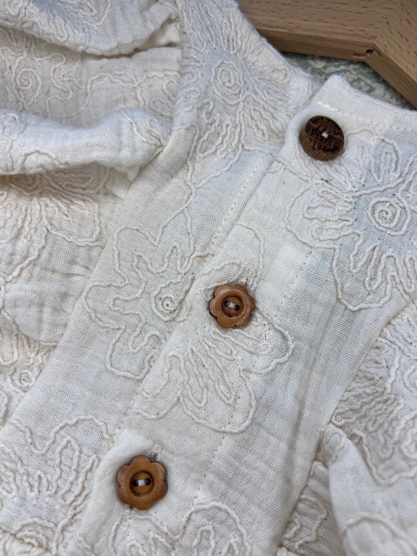 The Larkspur Romper, in natural embroidered double gauze|Bubble Romper with Puffy sleeves
