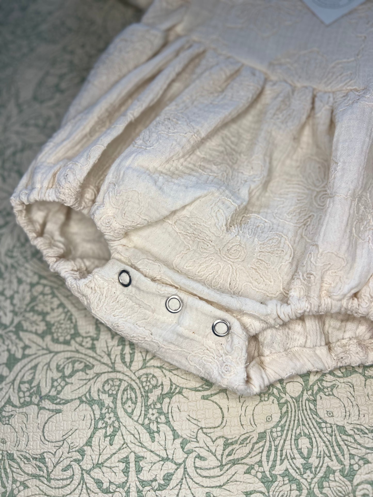 The Larkspur Romper, in natural embroidered double gauze|Bubble Romper with Puffy sleeves