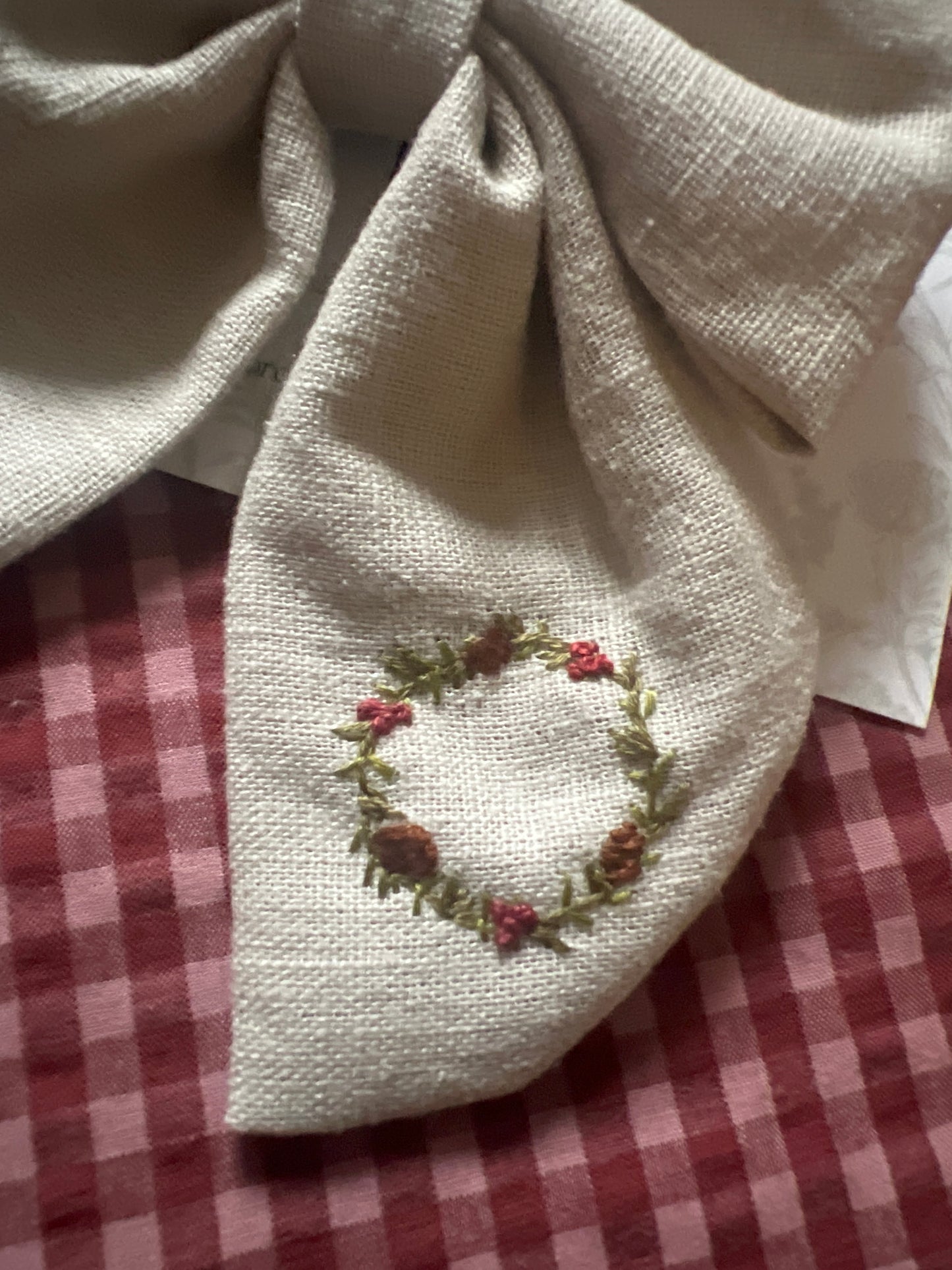 Hand Embroidered linen bow
