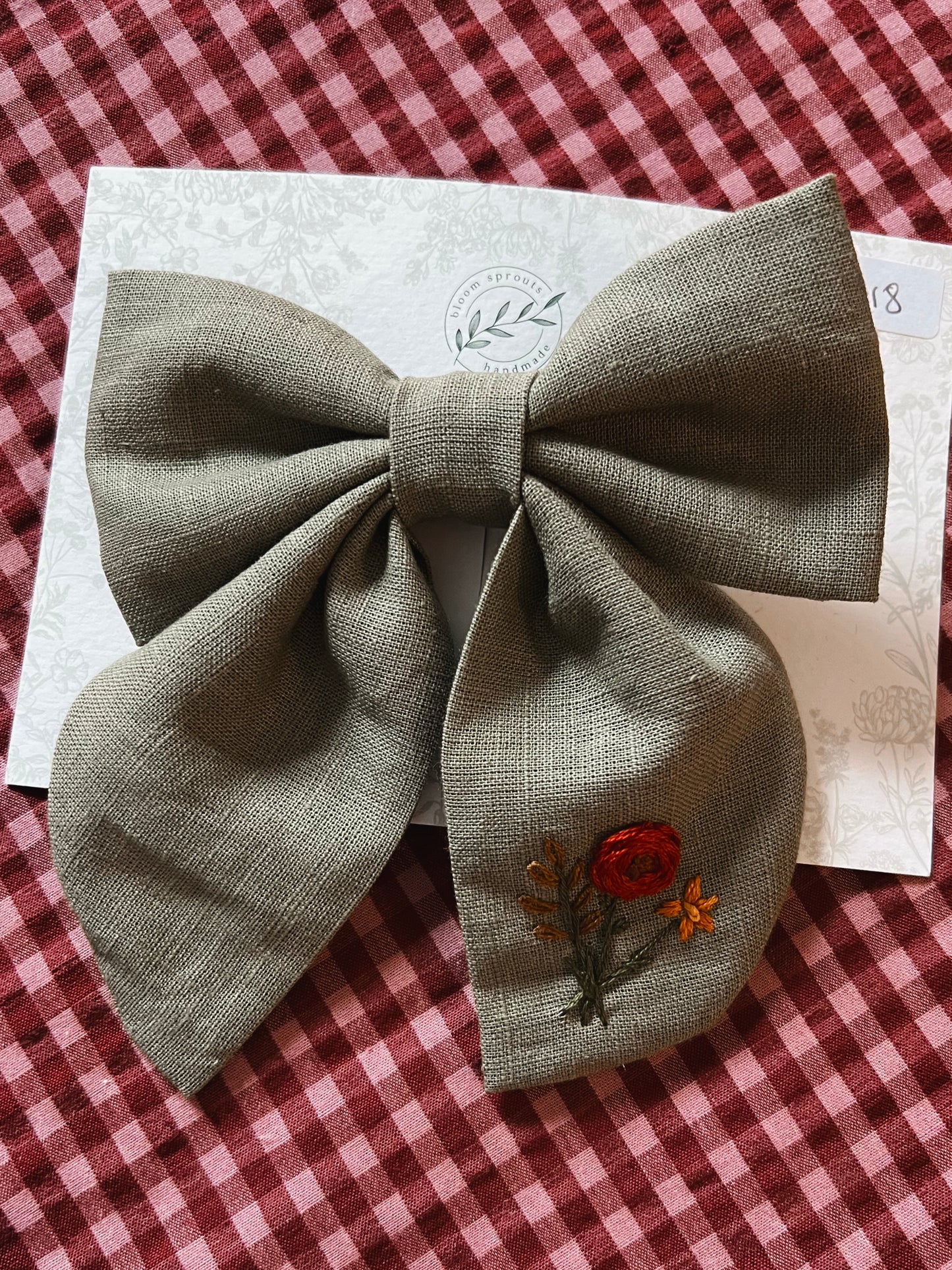 Hand Embroidered linen bow