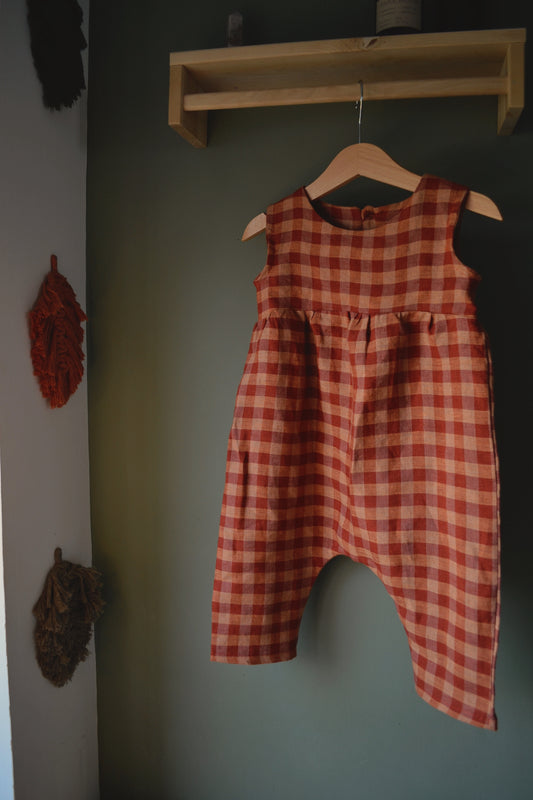 Autumn gingham linen long romper