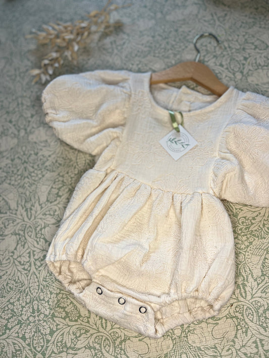 The Larkspur Romper, in natural embroidered double gauze|Bubble Romper with Puffy sleeves