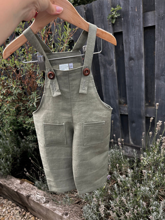 Children’s handmade linen dungarees|overalls. Olive green soft linen