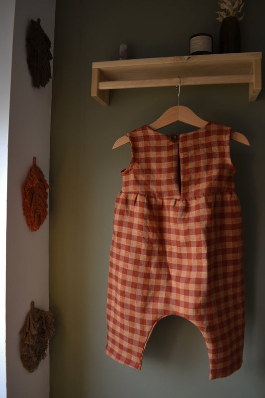 Autumn gingham linen long romper