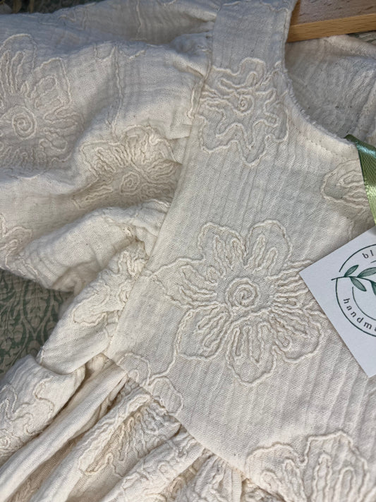 The Larkspur Romper, in natural embroidered double gauze|Bubble Romper with Puffy sleeves