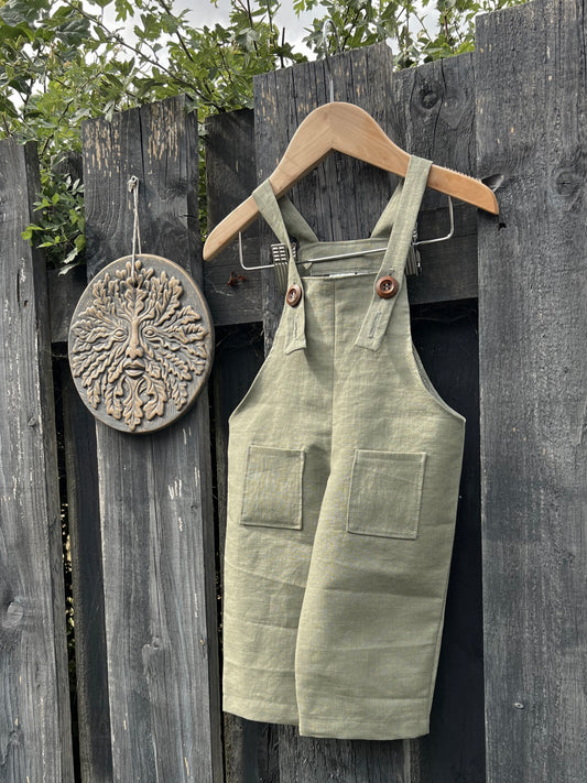 Children’s handmade linen dungarees|overalls. Olive green soft linen