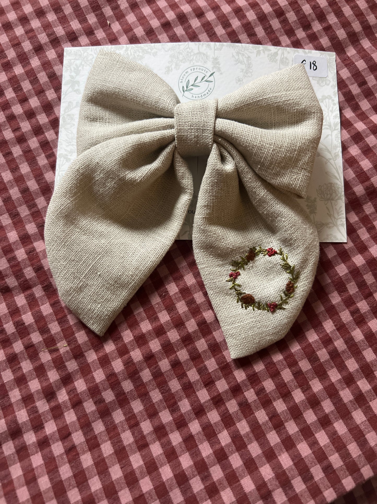 Hand Embroidered linen bow
